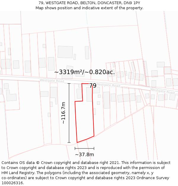 79, WESTGATE ROAD, BELTON, DONCASTER, DN9 1PY: Plot and title map