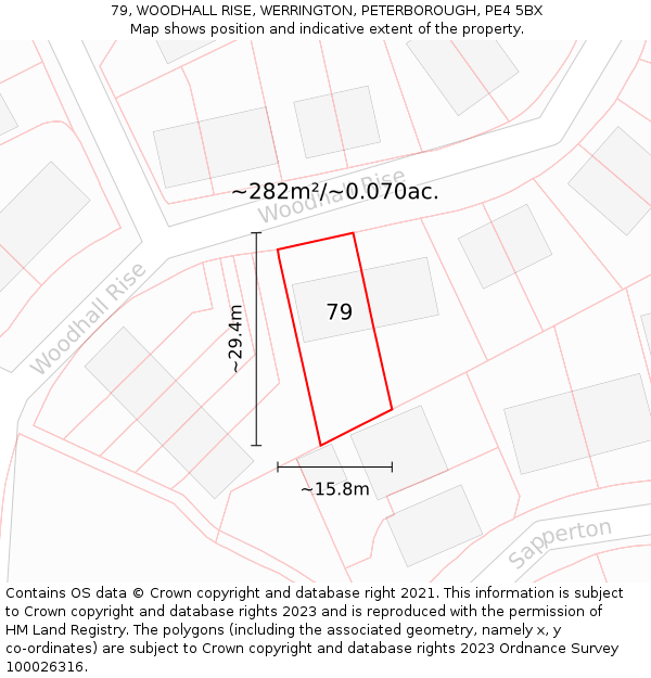 79, WOODHALL RISE, WERRINGTON, PETERBOROUGH, PE4 5BX: Plot and title map