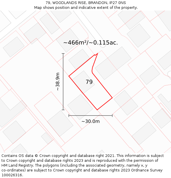 79, WOODLANDS RISE, BRANDON, IP27 0NS: Plot and title map