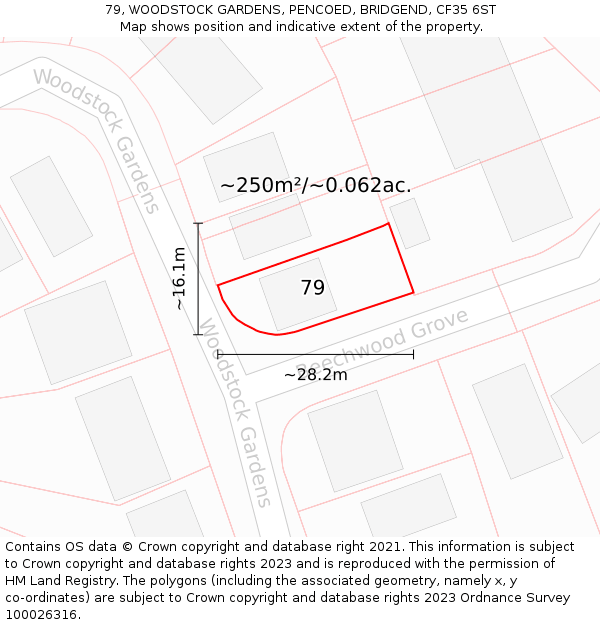 79, WOODSTOCK GARDENS, PENCOED, BRIDGEND, CF35 6ST: Plot and title map