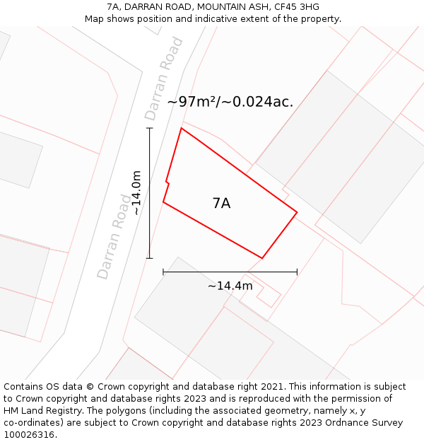 7A, DARRAN ROAD, MOUNTAIN ASH, CF45 3HG: Plot and title map