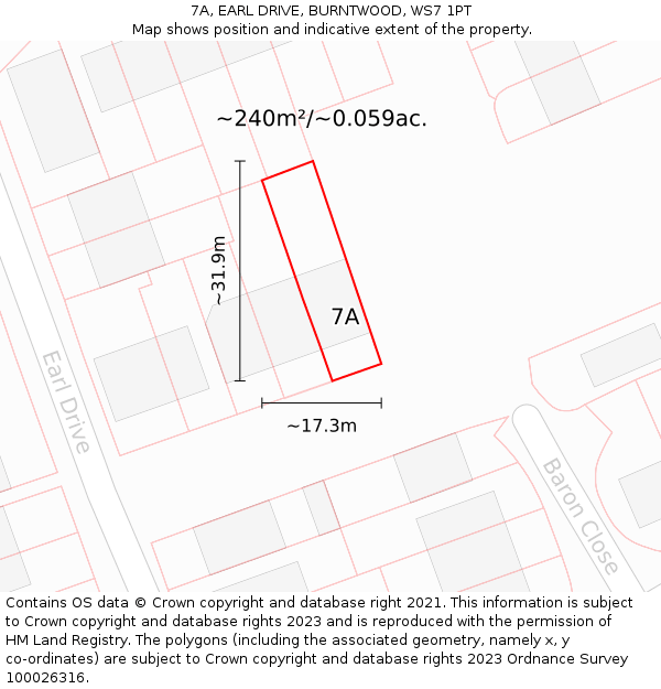 7A, EARL DRIVE, BURNTWOOD, WS7 1PT: Plot and title map