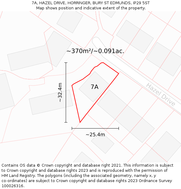 7A, HAZEL DRIVE, HORRINGER, BURY ST EDMUNDS, IP29 5ST: Plot and title map