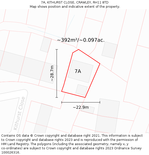 7A, KITHURST CLOSE, CRAWLEY, RH11 8TD: Plot and title map