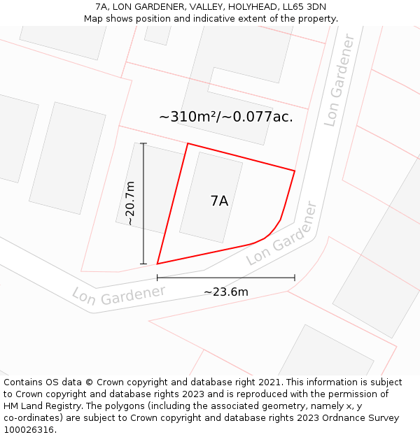 7A, LON GARDENER, VALLEY, HOLYHEAD, LL65 3DN: Plot and title map