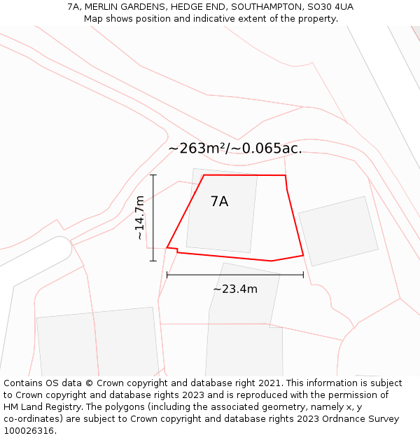 7A, MERLIN GARDENS, HEDGE END, SOUTHAMPTON, SO30 4UA: Plot and title map