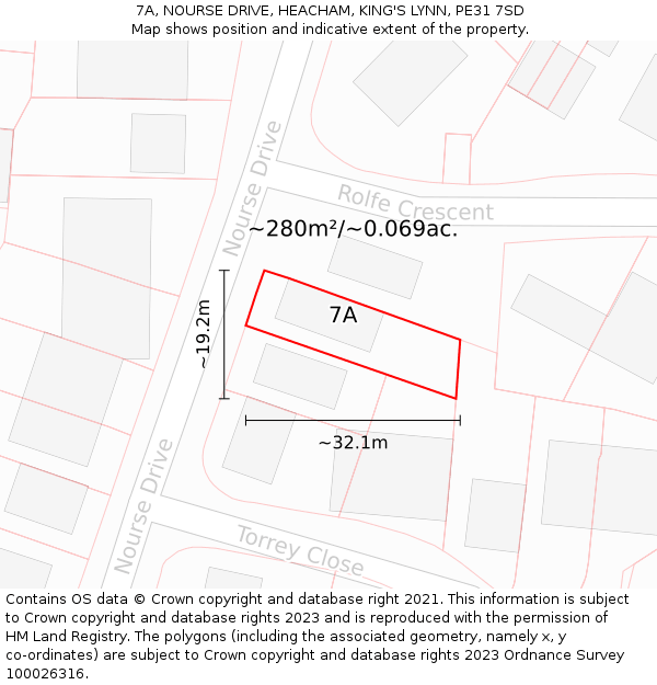 7A, NOURSE DRIVE, HEACHAM, KING'S LYNN, PE31 7SD: Plot and title map