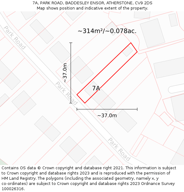 7A, PARK ROAD, BADDESLEY ENSOR, ATHERSTONE, CV9 2DS: Plot and title map