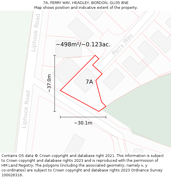 7A, PERRY WAY, HEADLEY, BORDON, GU35 8NE: Plot and title map