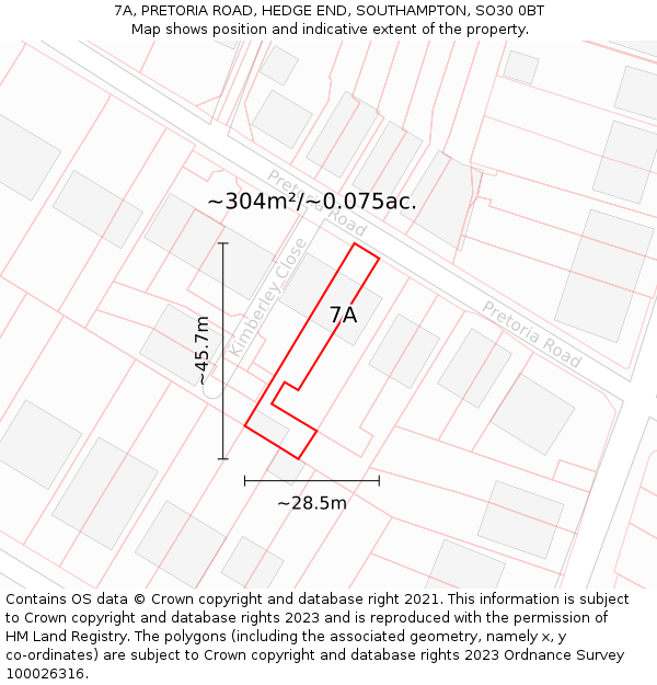 7A, PRETORIA ROAD, HEDGE END, SOUTHAMPTON, SO30 0BT: Plot and title map