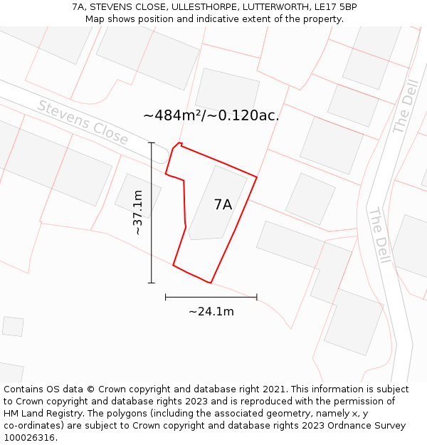7A, STEVENS CLOSE, ULLESTHORPE, LUTTERWORTH, LE17 5BP: Plot and title map