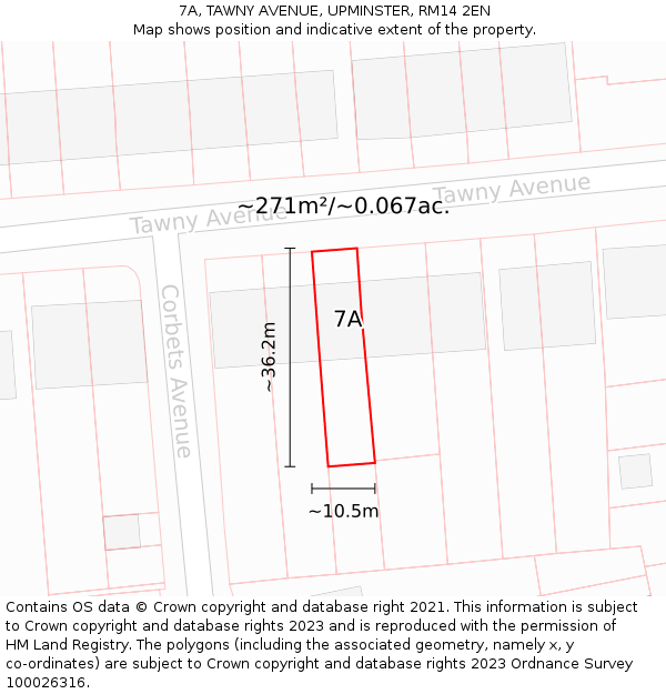 7A, TAWNY AVENUE, UPMINSTER, RM14 2EN: Plot and title map