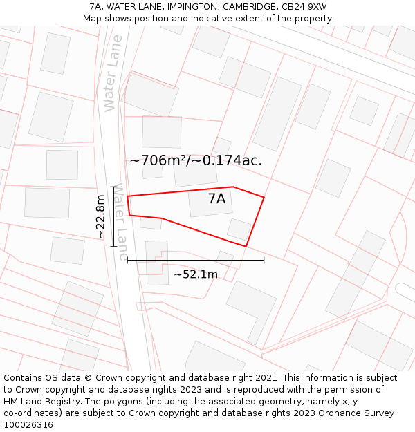 7A, WATER LANE, IMPINGTON, CAMBRIDGE, CB24 9XW: Plot and title map