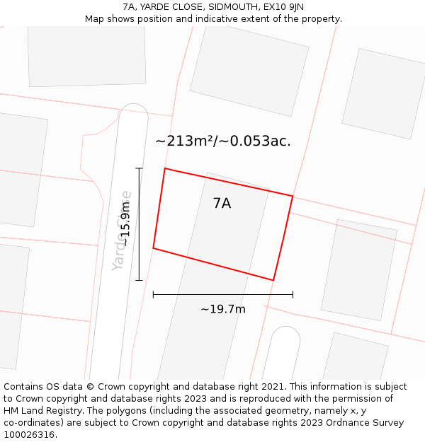 7A, YARDE CLOSE, SIDMOUTH, EX10 9JN: Plot and title map