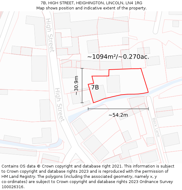 7B, HIGH STREET, HEIGHINGTON, LINCOLN, LN4 1RG: Plot and title map