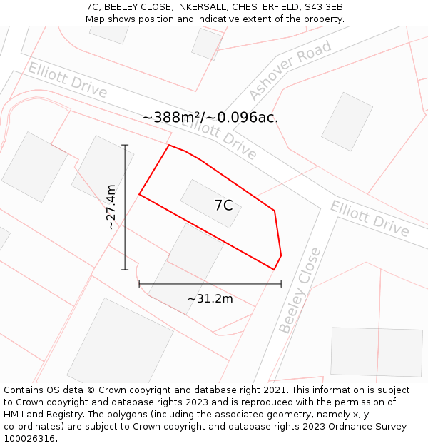 7C, BEELEY CLOSE, INKERSALL, CHESTERFIELD, S43 3EB: Plot and title map