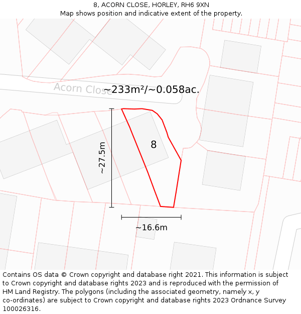 8, ACORN CLOSE, HORLEY, RH6 9XN: Plot and title map