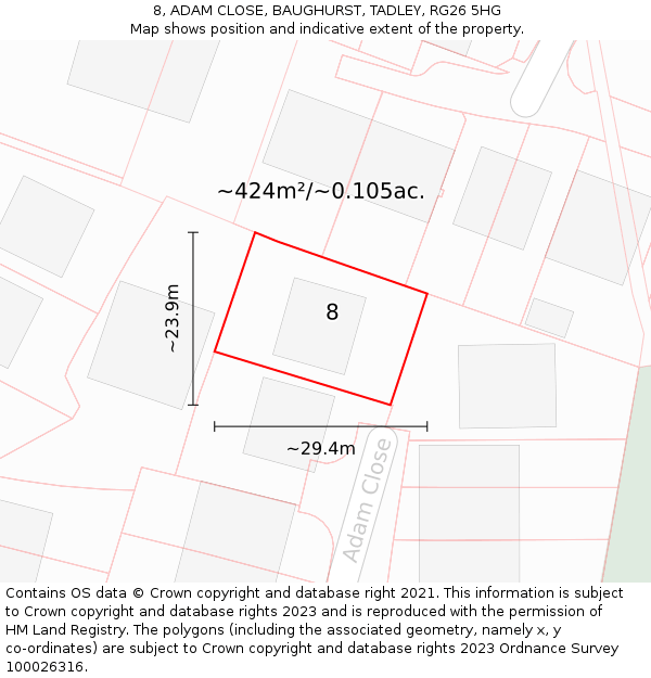 8, ADAM CLOSE, BAUGHURST, TADLEY, RG26 5HG: Plot and title map