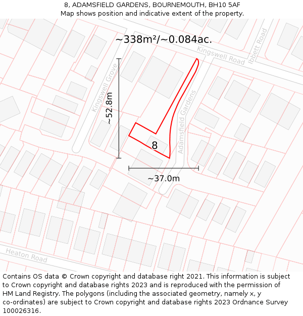 8, ADAMSFIELD GARDENS, BOURNEMOUTH, BH10 5AF: Plot and title map
