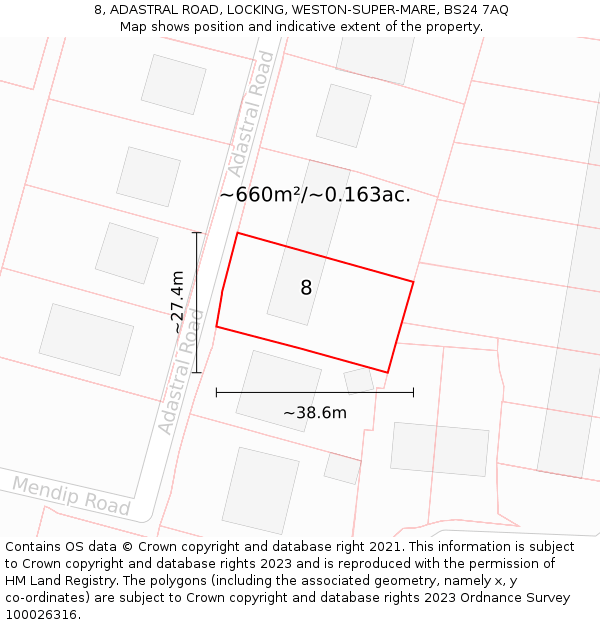 8, ADASTRAL ROAD, LOCKING, WESTON-SUPER-MARE, BS24 7AQ: Plot and title map