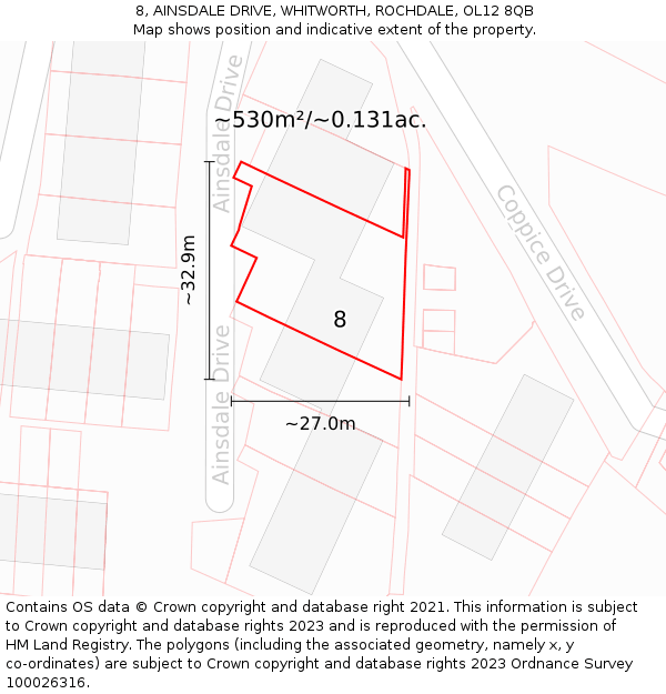 8, AINSDALE DRIVE, WHITWORTH, ROCHDALE, OL12 8QB: Plot and title map