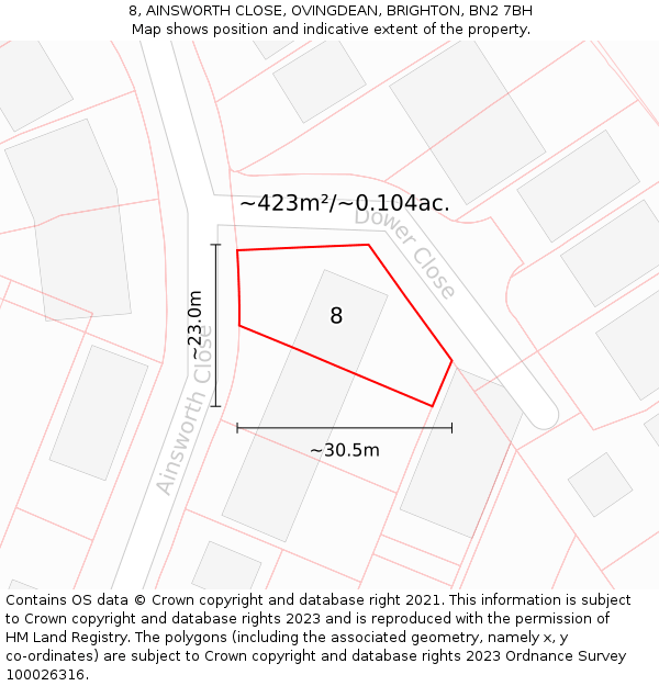 8, AINSWORTH CLOSE, OVINGDEAN, BRIGHTON, BN2 7BH: Plot and title map