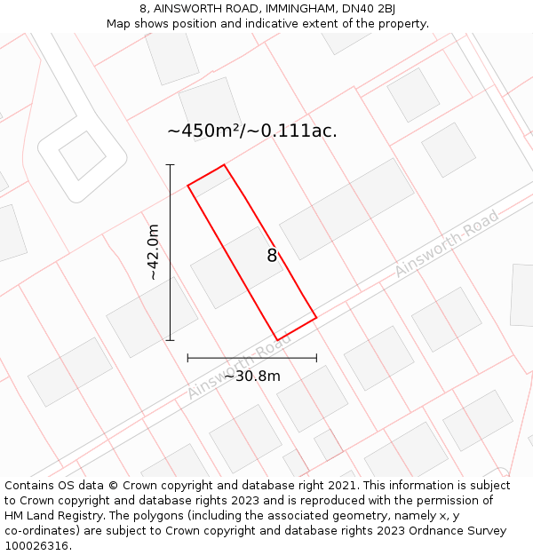 8, AINSWORTH ROAD, IMMINGHAM, DN40 2BJ: Plot and title map