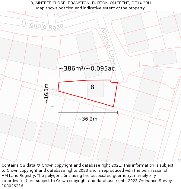 8, AINTREE CLOSE, BRANSTON, BURTON-ON-TRENT, DE14 3BH: Plot and title map