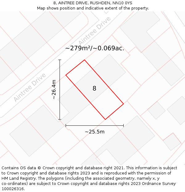 8, AINTREE DRIVE, RUSHDEN, NN10 0YS: Plot and title map