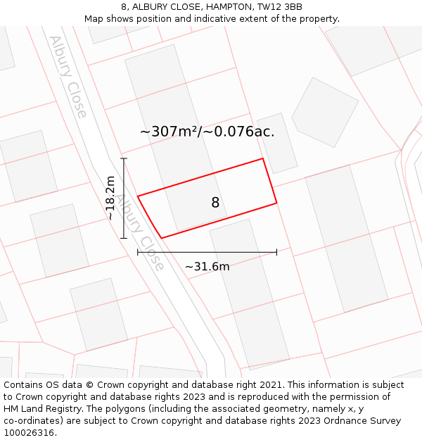 8, ALBURY CLOSE, HAMPTON, TW12 3BB: Plot and title map