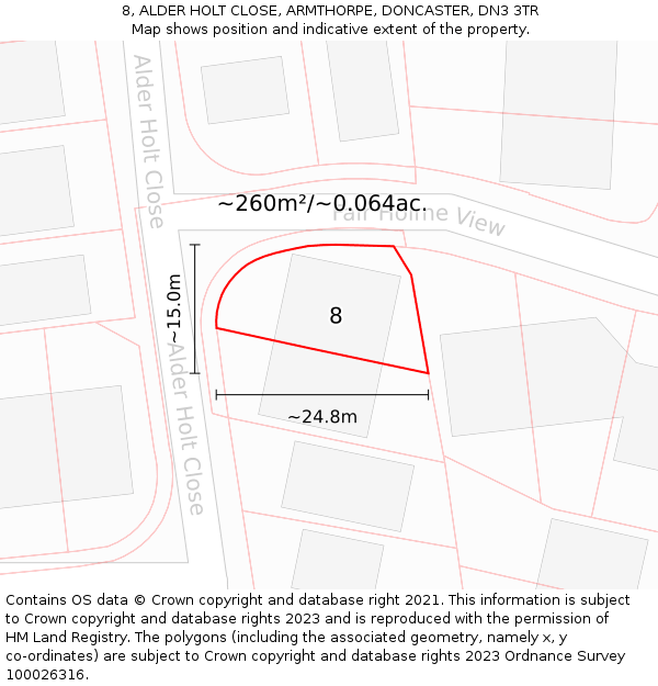 8, ALDER HOLT CLOSE, ARMTHORPE, DONCASTER, DN3 3TR: Plot and title map