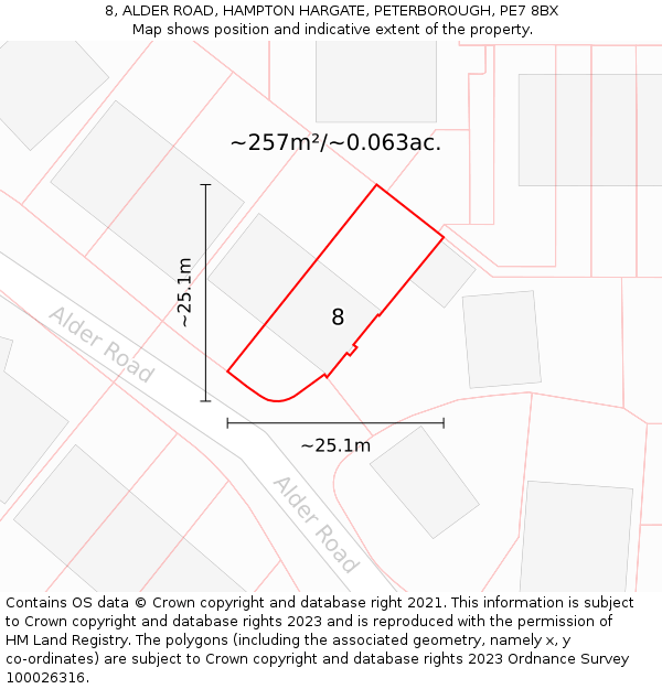 8, ALDER ROAD, HAMPTON HARGATE, PETERBOROUGH, PE7 8BX: Plot and title map