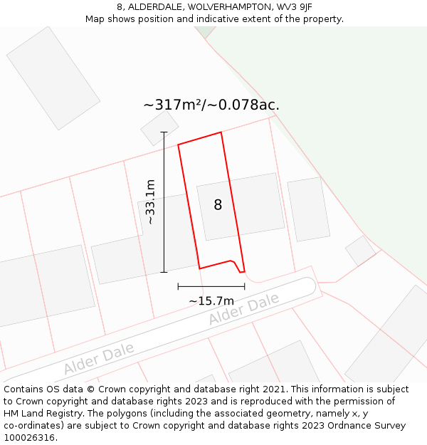 8, ALDERDALE, WOLVERHAMPTON, WV3 9JF: Plot and title map