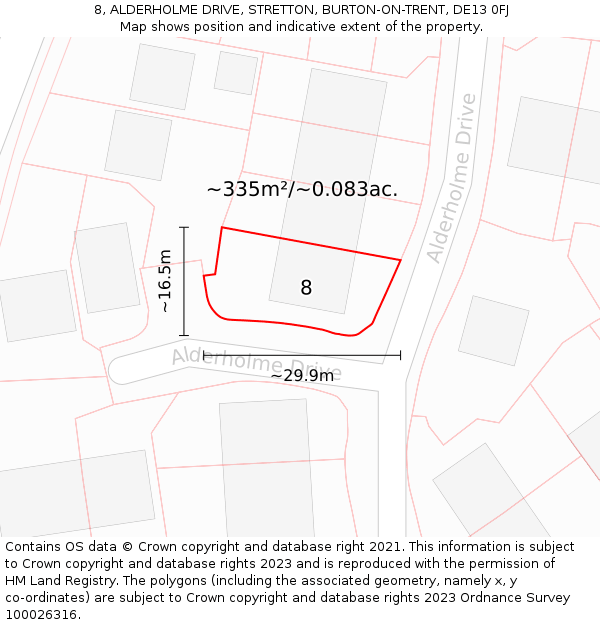 8, ALDERHOLME DRIVE, STRETTON, BURTON-ON-TRENT, DE13 0FJ: Plot and title map