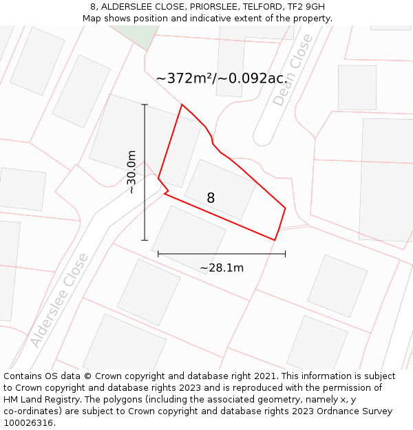 8, ALDERSLEE CLOSE, PRIORSLEE, TELFORD, TF2 9GH: Plot and title map