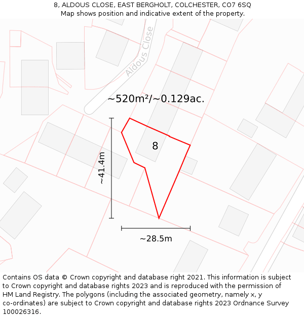 8, ALDOUS CLOSE, EAST BERGHOLT, COLCHESTER, CO7 6SQ: Plot and title map
