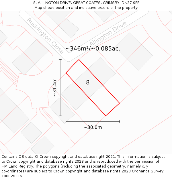8, ALLINGTON DRIVE, GREAT COATES, GRIMSBY, DN37 9FF: Plot and title map