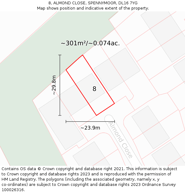 8, ALMOND CLOSE, SPENNYMOOR, DL16 7YG: Plot and title map