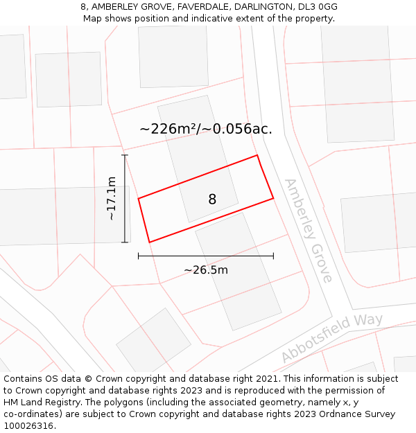8, AMBERLEY GROVE, FAVERDALE, DARLINGTON, DL3 0GG: Plot and title map