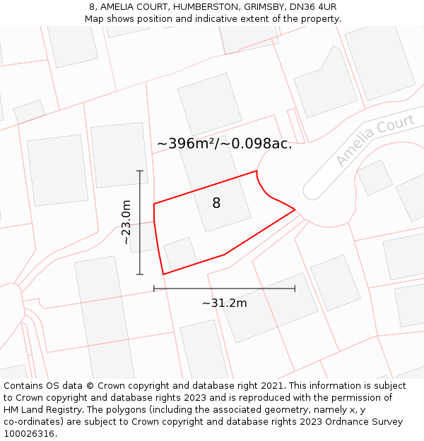 8, AMELIA COURT, HUMBERSTON, GRIMSBY, DN36 4UR: Plot and title map