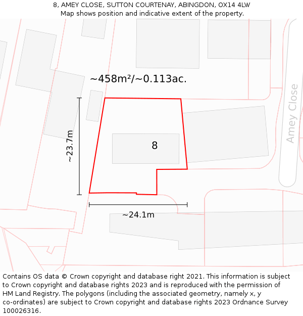 8, AMEY CLOSE, SUTTON COURTENAY, ABINGDON, OX14 4LW: Plot and title map