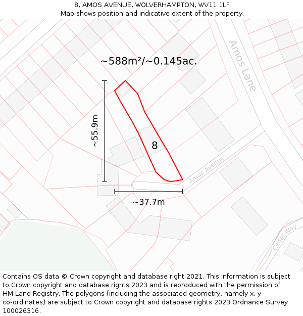 8, AMOS AVENUE, WOLVERHAMPTON, WV11 1LF: Plot and title map