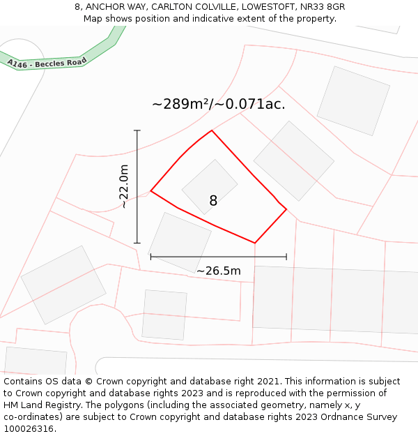 8, ANCHOR WAY, CARLTON COLVILLE, LOWESTOFT, NR33 8GR: Plot and title map