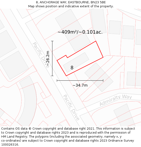 8, ANCHORAGE WAY, EASTBOURNE, BN23 5BE: Plot and title map