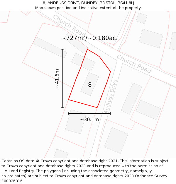 8, ANDRUSS DRIVE, DUNDRY, BRISTOL, BS41 8LJ: Plot and title map