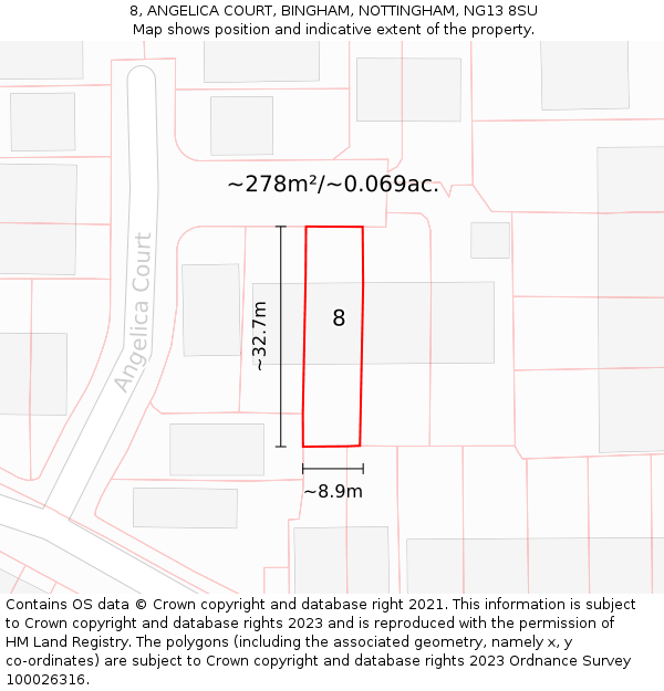 8, ANGELICA COURT, BINGHAM, NOTTINGHAM, NG13 8SU: Plot and title map