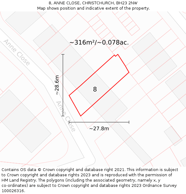8, ANNE CLOSE, CHRISTCHURCH, BH23 2NW: Plot and title map