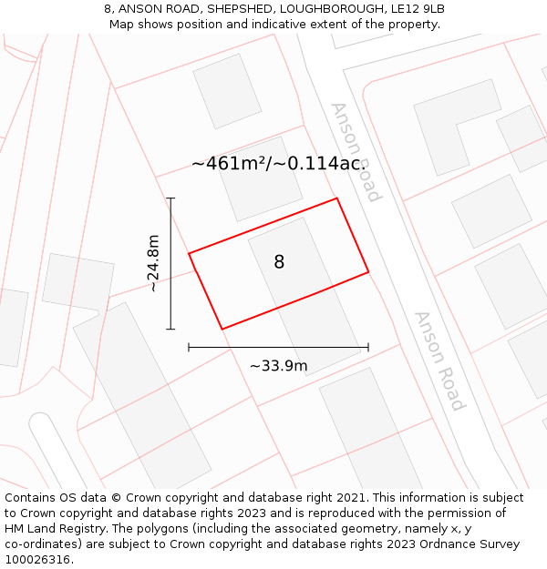 8, ANSON ROAD, SHEPSHED, LOUGHBOROUGH, LE12 9LB: Plot and title map
