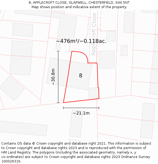 8, APPLECROFT CLOSE, GLAPWELL, CHESTERFIELD, S44 5NT: Plot and title map