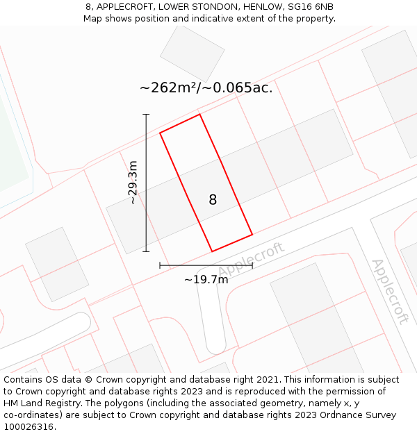 8, APPLECROFT, LOWER STONDON, HENLOW, SG16 6NB: Plot and title map